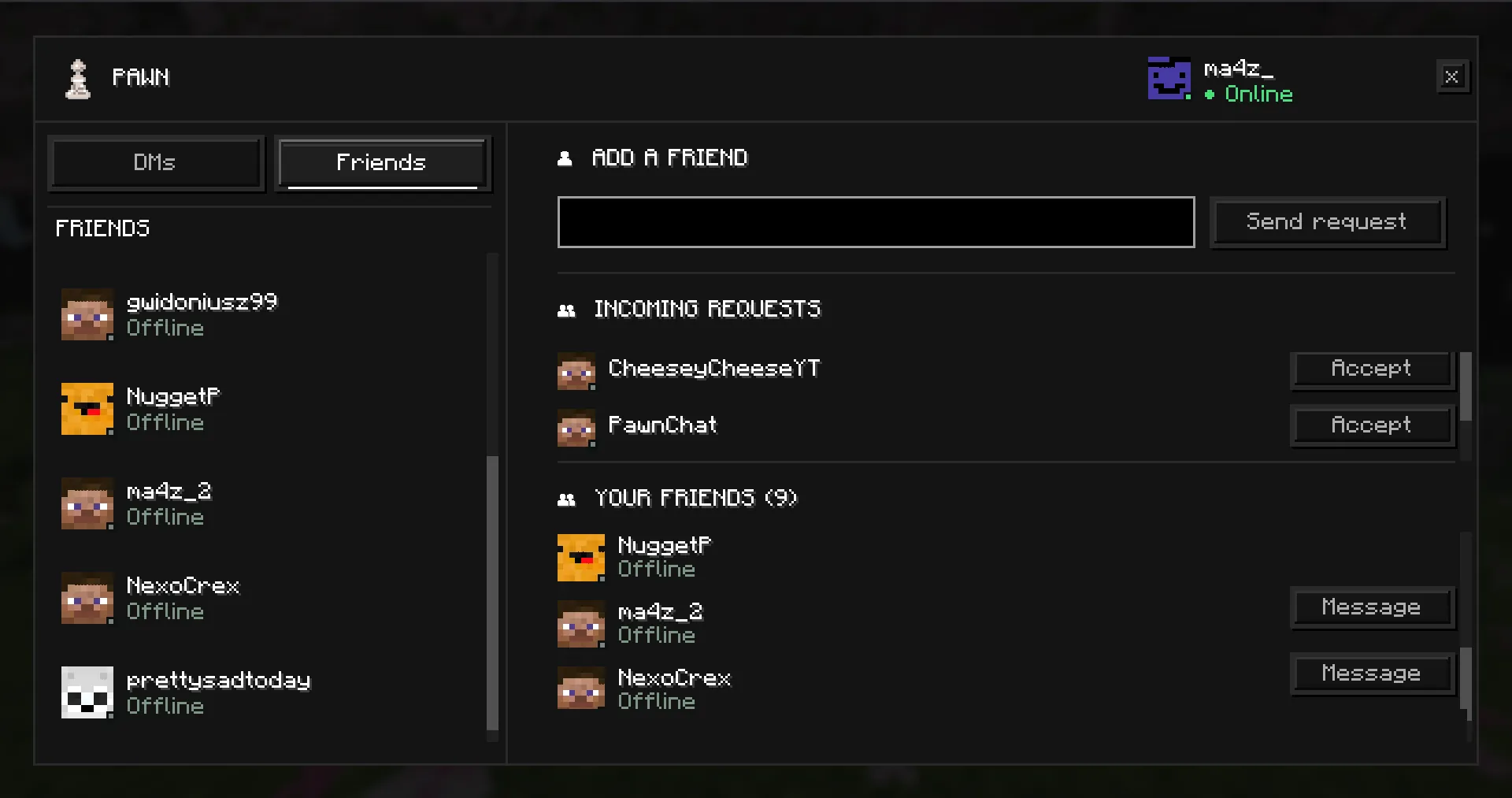 Pawn friends tab